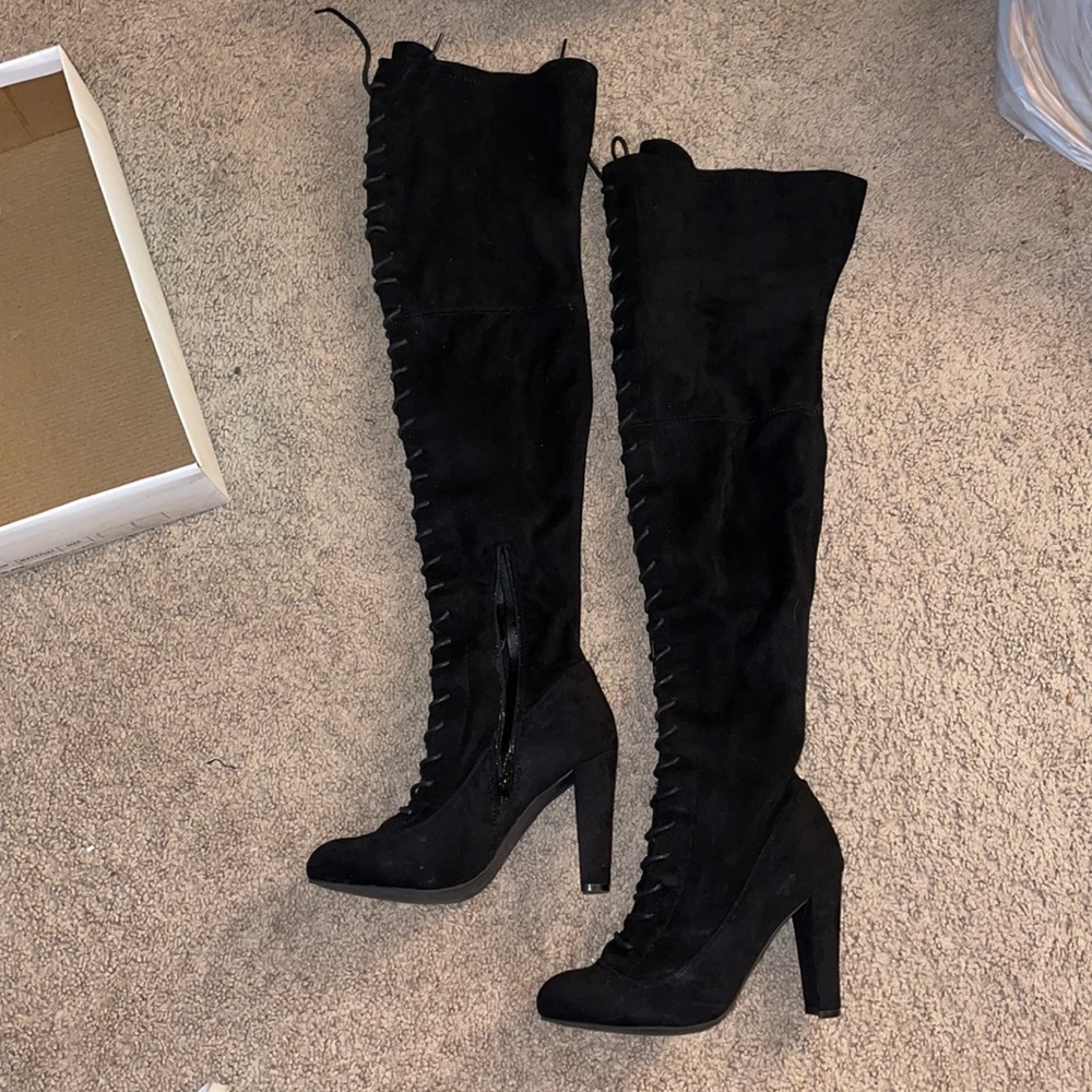 Lace up black thigh high boots